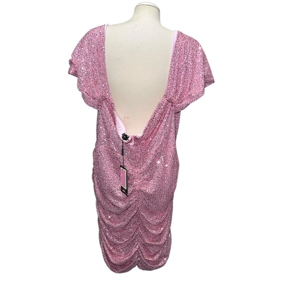 Pretty Little Thing Pink Sequin Ruched Mini Dress Open Back Sz 22 Womens - Picture 4 of 16